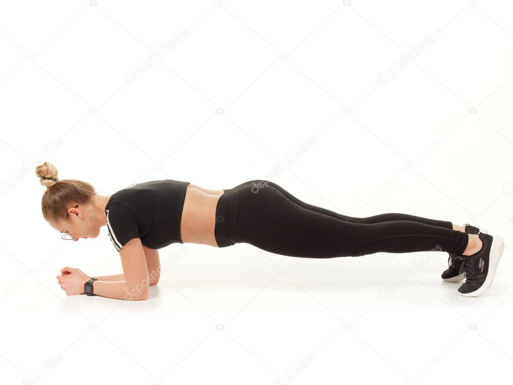 girl doing fitness on a white background.