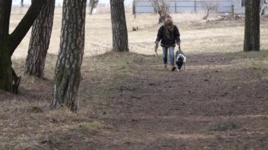 Kız baharda büyük bir kör köpek yürüyüş