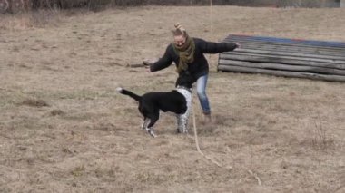 Kız baharda büyük bir kör köpek yürüyüş