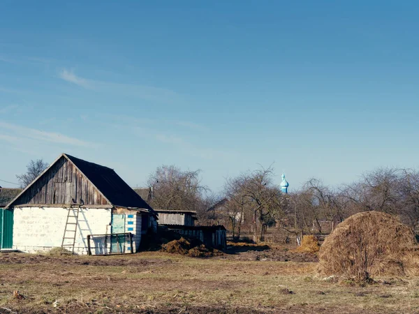 Köydeki hayat. Bahçe ahır yarda ve kilise ufukta — Stok fotoğraf