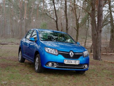 Gomel, Beyaz Rusya-10 Nisan 2019: Mavi Renault Logan araba ormana park etti.