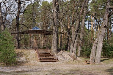Gomel, Beyaz Rusya - 14 Nisan 2019: Rekreasyon merkezi Rancho. ormanda güzel sanat çardak.
