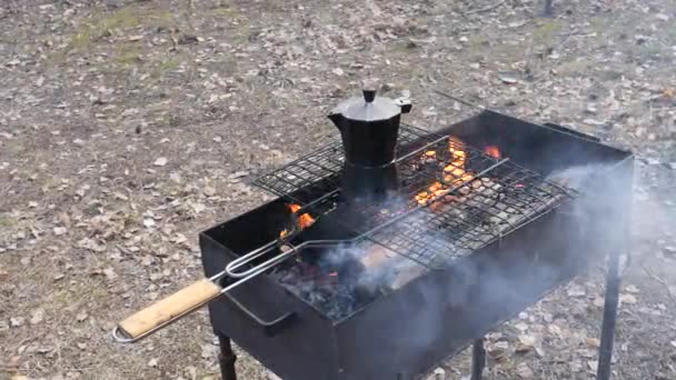 Grill Brennt Feuer Kaffee Auf Dem Feuer Zubereiten — Stockvideo