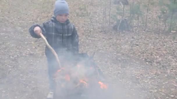 Chico Cocina Comida Fuego Parrilla País Descanso — Vídeo de stock