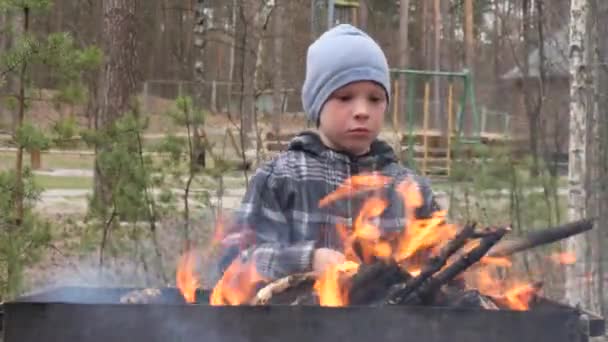 Αγόρι Μαγειρεύει Φαγητό Στη Φωτιά Στη Σχάρα Ανάπαυση Χώρας — Αρχείο Βίντεο
