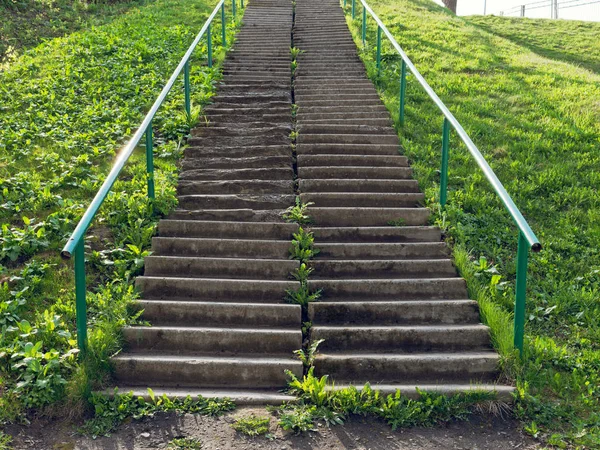 Betonové schodiště na příkrém svahu zelené trávy — Stock fotografie