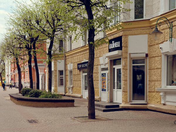 MOGILEV, BELARUS - APRIL 27, 2019: Beautiful buildings on the pedestrian street of the city 5