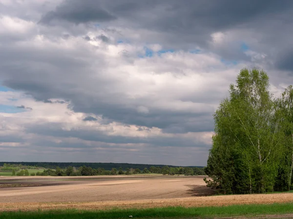 Nuvens de mau tempo sobre o campo de primavera — Fotografia de Stock