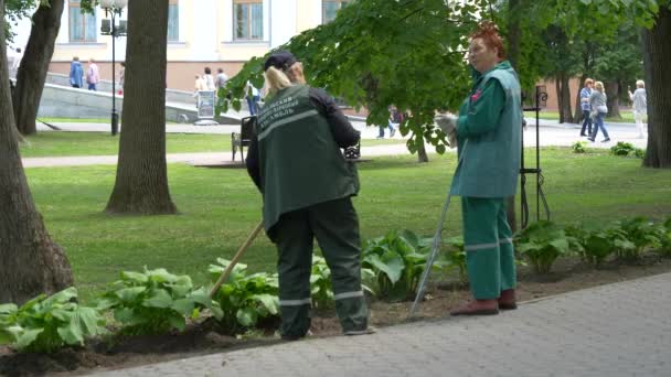 ゴメル ベラルーシ 2019年5月15日 宮殿と公園のアンサンブルパスセビチ 女性は芝生の上に植物を吐き出す — ストック動画