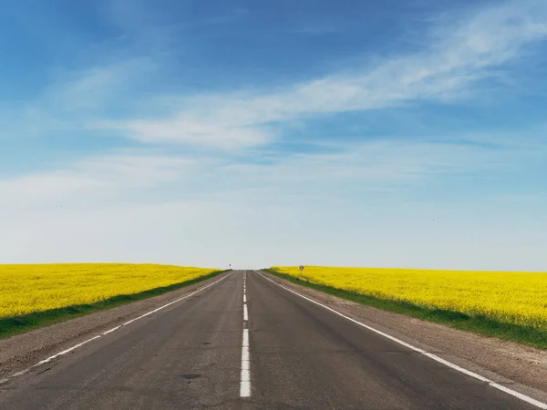 Az autópálya között repce sárga mező egy kék eget — Stock Fotó