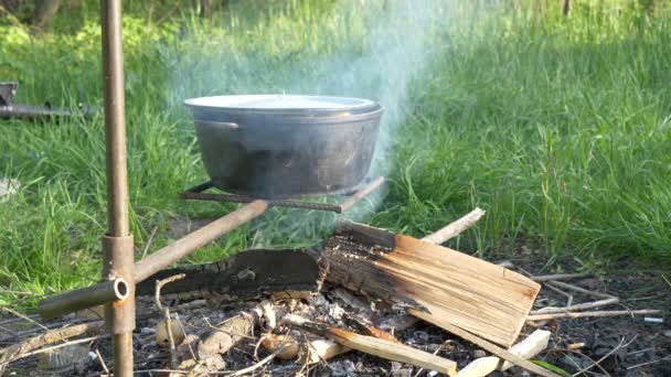 Olla Fuego Sobre Fondo Verde — Vídeos de Stock