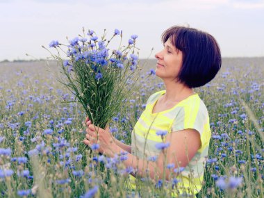 bir buket ile günbatımı kız cornflower alan
