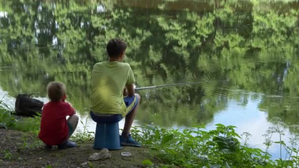 Adolescente Niño Atrapa Una Caña Pescar Estanque — Vídeos de Stock