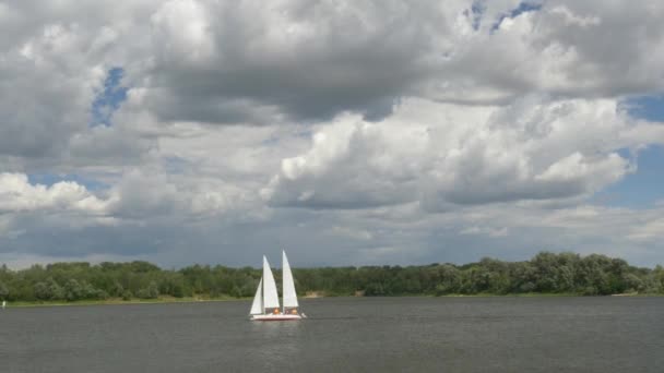 Jacht Catamaran Met Zeilen Een Pittoresk Meer — Stockvideo