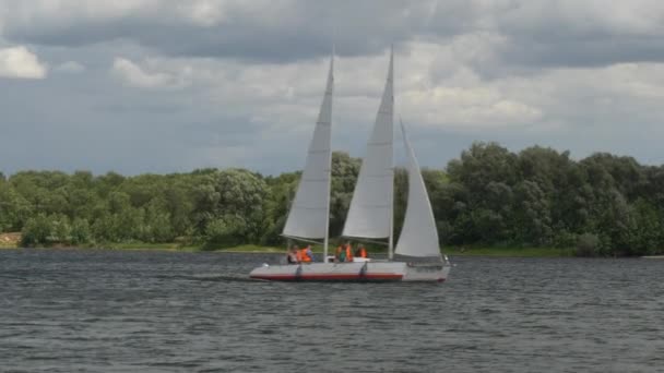 Yacht Catamaran Dengan Layar Danau Yang Indah — Stok Video