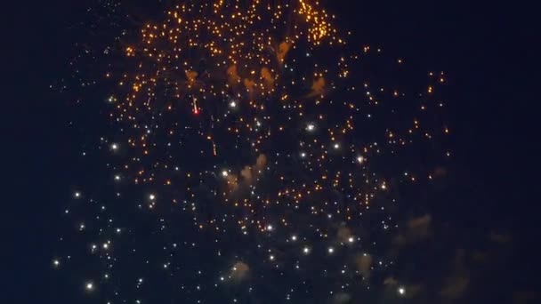 Fogos de artifício brilhantes festivos no céu escuro — Vídeo de Stock