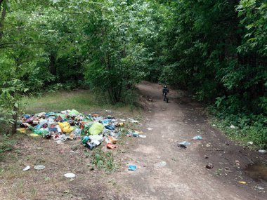 Gomel, Belarus-1 Temmuz 2019: yeşil rekreasyon alanında plastik çöp yığını.