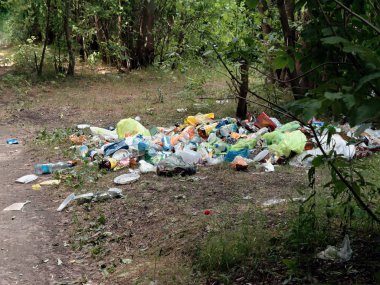 Gomel, Belarus-1 Temmuz 2019: yeşil rekreasyon alanında plastik çöp yığını.