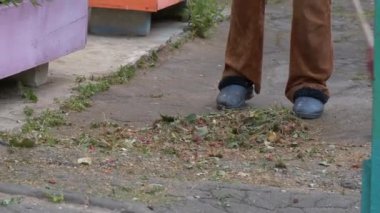 Bahçe alanını temizliyor. kadın süpürme asfalt.