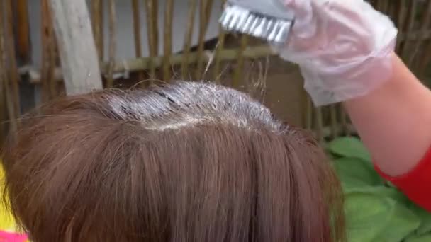 Frau Trägt Haarfärbung Mit Pinsel Auf Dem Kopf Auf — Stockvideo