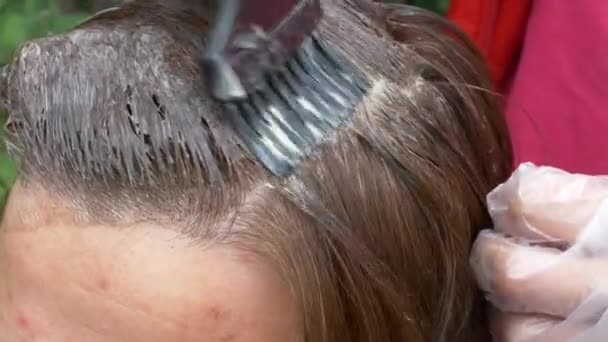 Mulher Aplicando Tintura Cabelo Cabeça Com Uma Escova — Vídeo de Stock