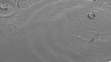 bir su birikintisi kabarcıkları ile düşen yağmur damlaları