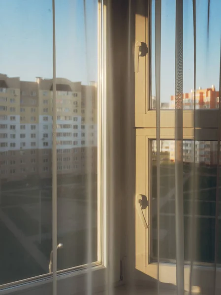 Wooden window frame with handle. apartment window — Stock Photo, Image