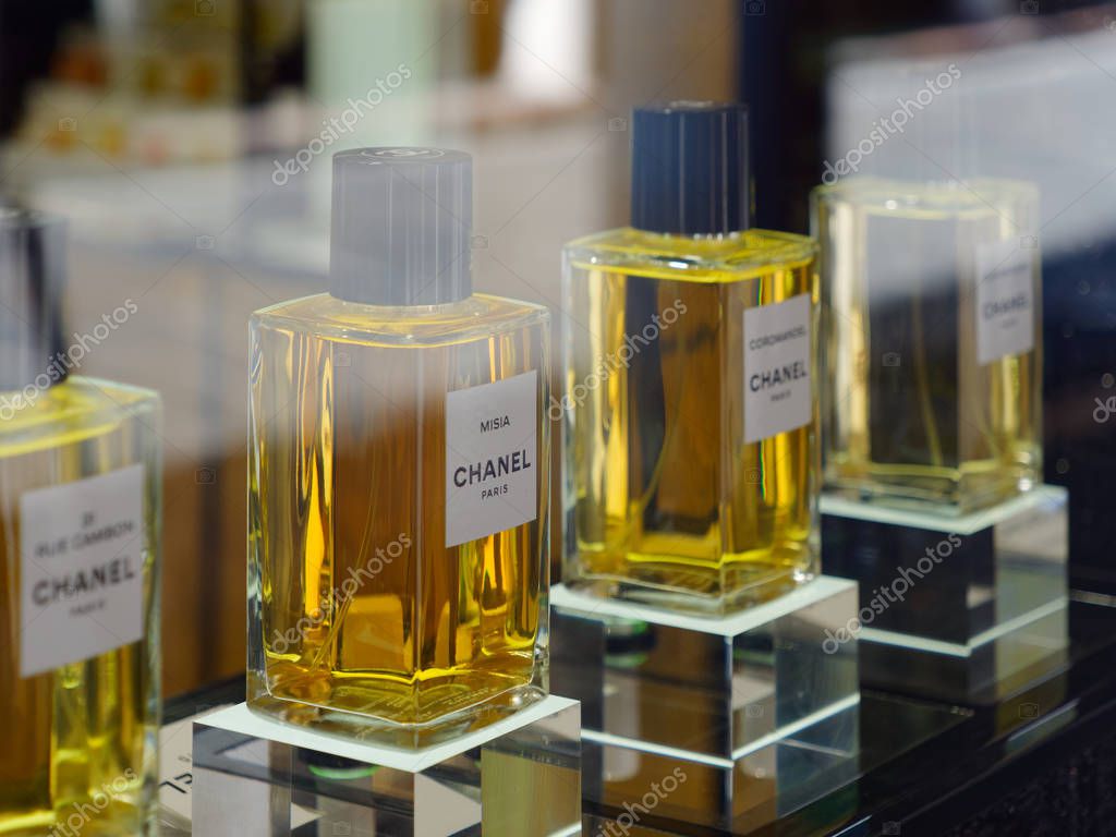 Mantova, ITALY - AUGUST 10, 2019: Chanel perfumes behind a section of a shop window 2019