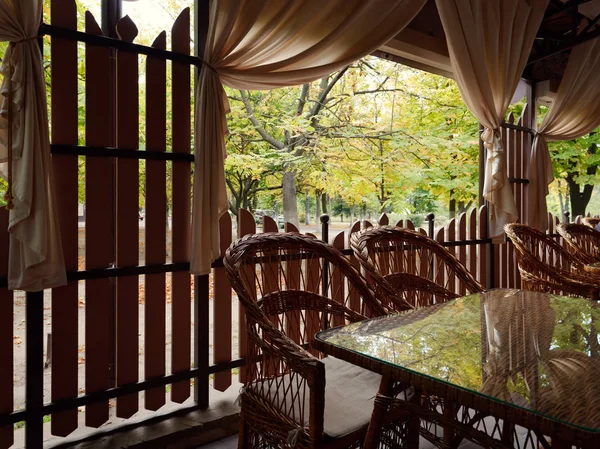 Beautiful interior of a summer cafe in autumn — Stock Photo, Image