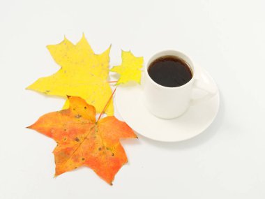 Sarı sonbahar yaprakları ve beyaz arka planda bir fincan kahve.