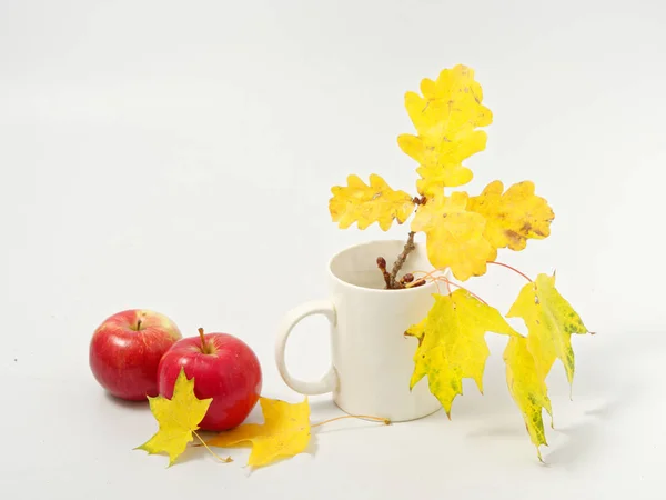 Желтые осенние листья с красными яблоками на белом фоне — стоковое фото