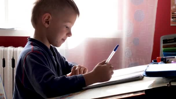 Παιδί γράφει με ένα στυλό σε ένα σημειωματάριο — Αρχείο Βίντεο