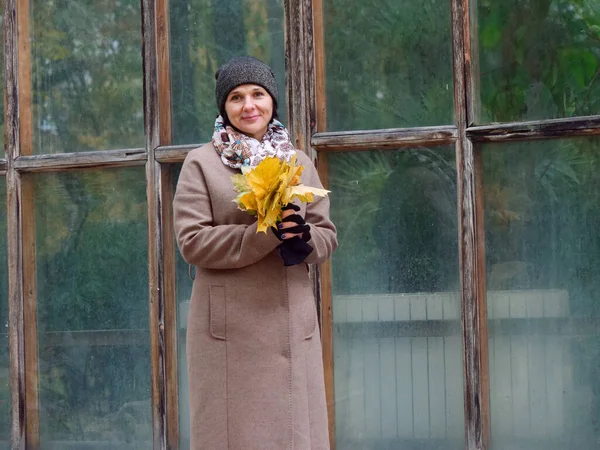美しいブルネット女性で秋の黄色い公園 — ストック写真