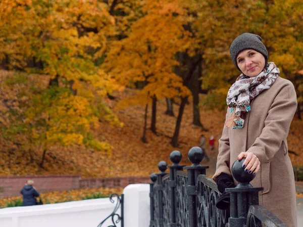 Hermosa mujer morena en otoño amarillo parque — Foto de Stock