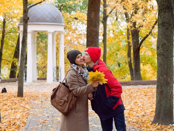 Anne genç oğluyla birlikte sonbahar sarı parkında — Stok fotoğraf