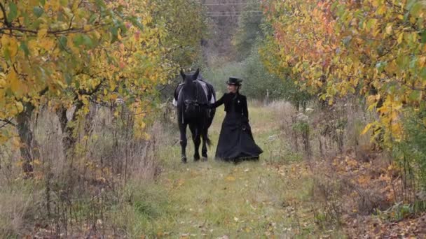 黒のドレスを着た馬乗りの女が黒い馬を導く — ストック動画
