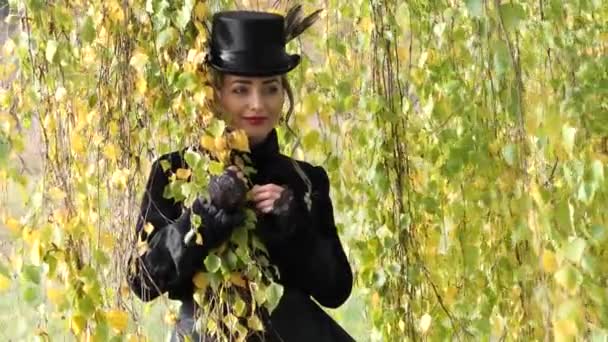 Girl Black Dress Background Water Autumn — Stock Video
