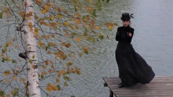 Mädchen Einem Schwarzen Kleid Auf Einem Hintergrund Aus Wasser Herbst — Stockvideo