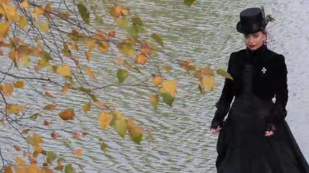 Meisje Een Zwarte Jurk Een Achtergrond Van Water Herfst — Stockvideo