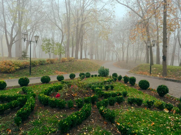 Beco acolhedor em um parque nebuloso da cidade no outono. Gomel, Bielorrússia — Fotografia de Stock
