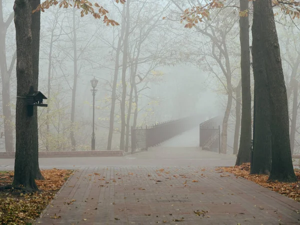 Passerelle dans le brouillard à l'automne. Gomel, Biélorussie — Photo