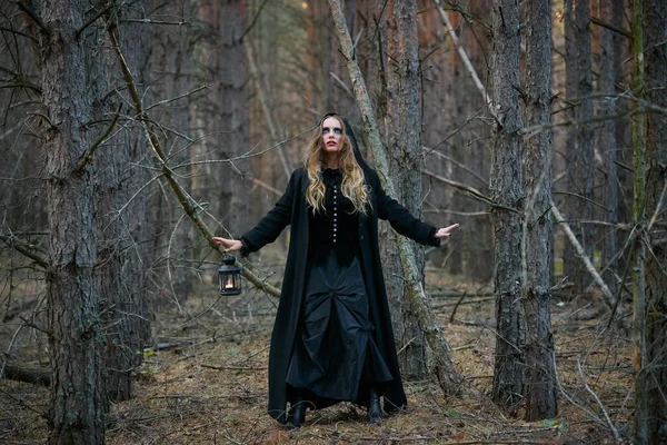 Відьма Дівчина Ліхтарем Темному Сосновому Лісі 2020 — стокове фото