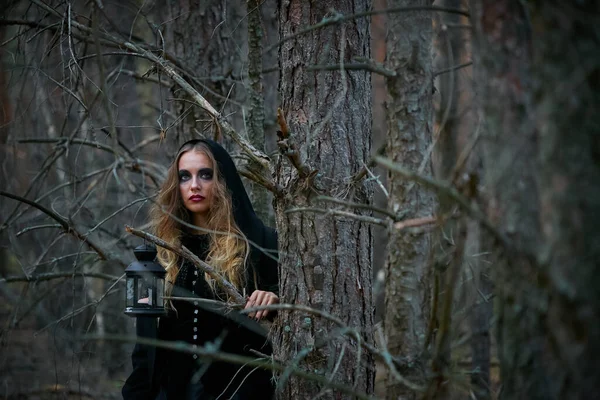 2020 Karanlık Bir Çam Ormanında Fenerli Cadı Kız — Stok fotoğraf