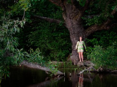 2020 'deki yaşlı meşe ağacının yanındaki kız.