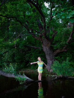 2020 'deki yaşlı meşe ağacının yanındaki kız.