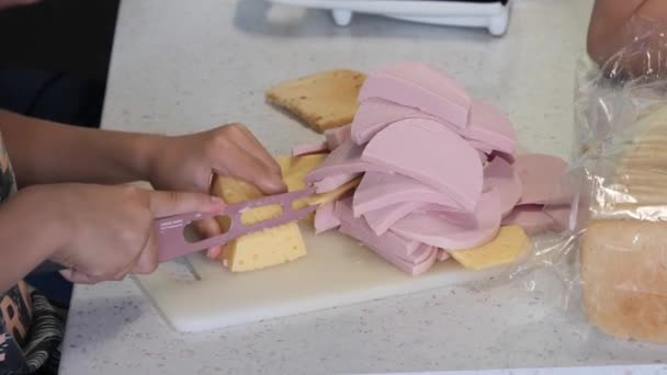 Genç Peynir Sosisi Bıçakla Kesiyor — Stok video