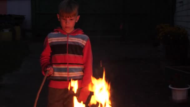 Chłopiec Godzinach Wieczornych Przy Wielkim Pożarze Grillu — Wideo stockowe