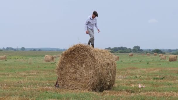 Kinderen Spelen Met Een Strobaal Het Veld — Stockvideo