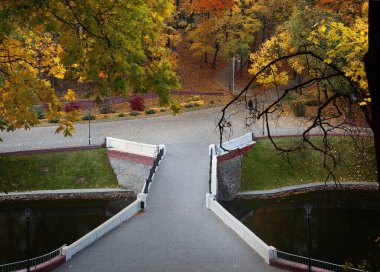 Şehir parkında sonbahar manzarası. Gomel, Belarus 2020