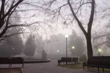 Sonbaharda sisli bir parkta rahat banklar. Gomel, Belarus 2020